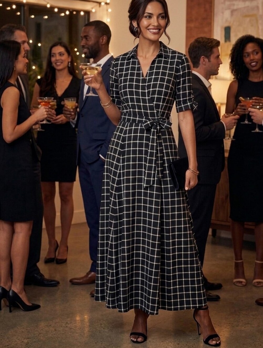 Calvin Klein Black and White Windowpane Maxi Wrap Dress